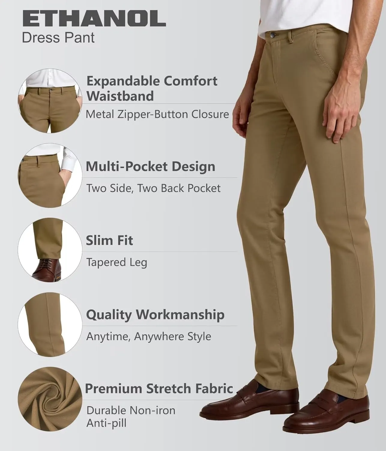 ETHANOL Mens Work Casual Comfort Fit Tech Stretch Slim Performance Wrinkle Resistant Dress Pants