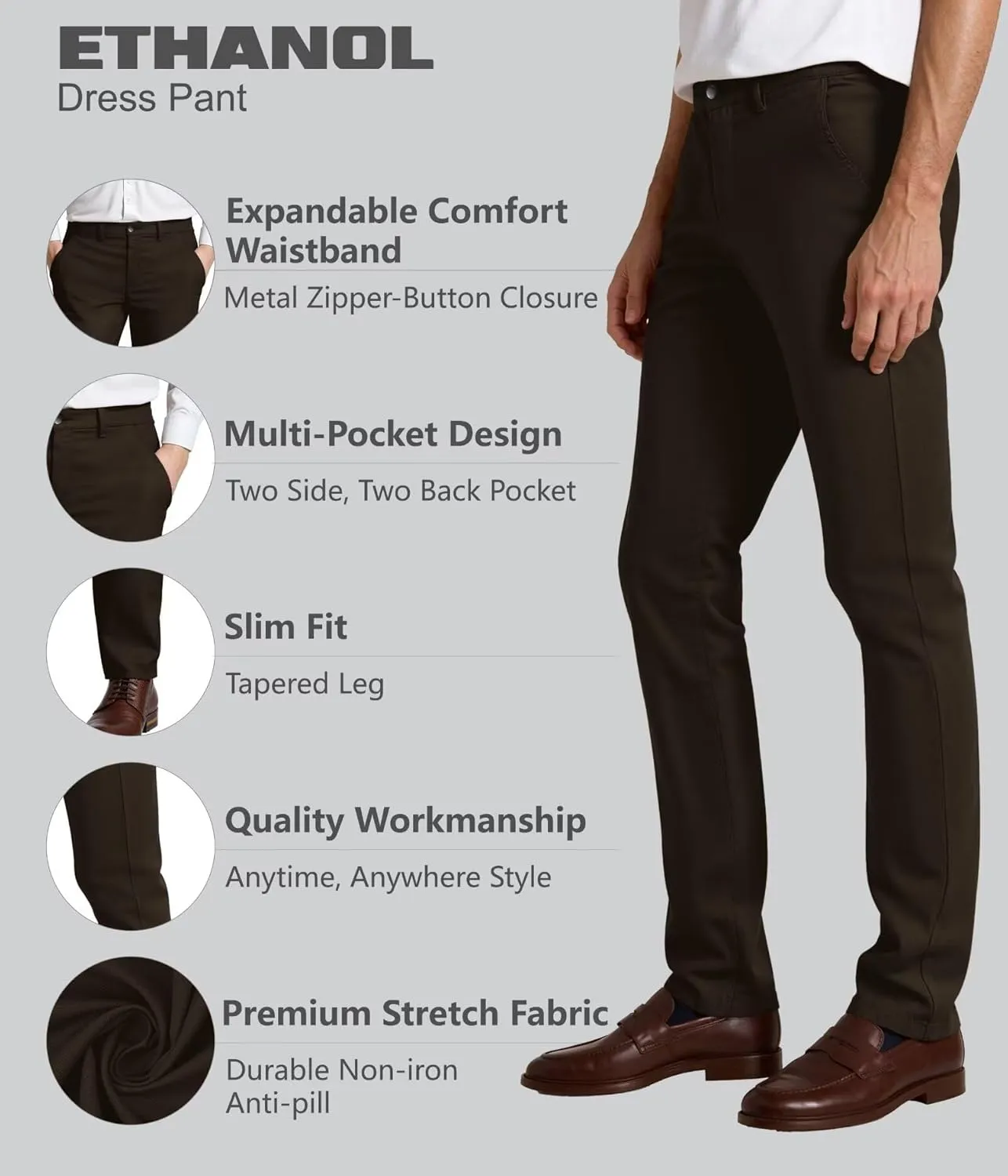 ETHANOL Mens Work Casual Comfort Fit Tech Stretch Slim Performance Wrinkle Resistant Dress Pants