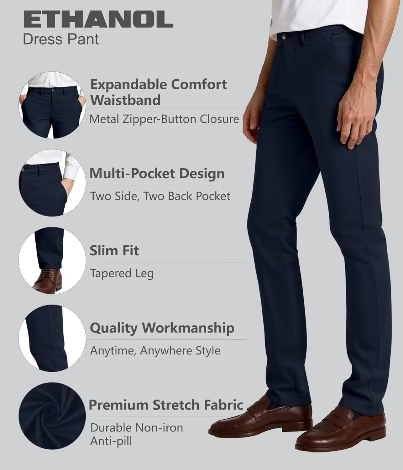 ETHANOL Mens Work Casual Comfort Fit Tech Stretch Slim Performance Wrinkle Resistant Dress Pants