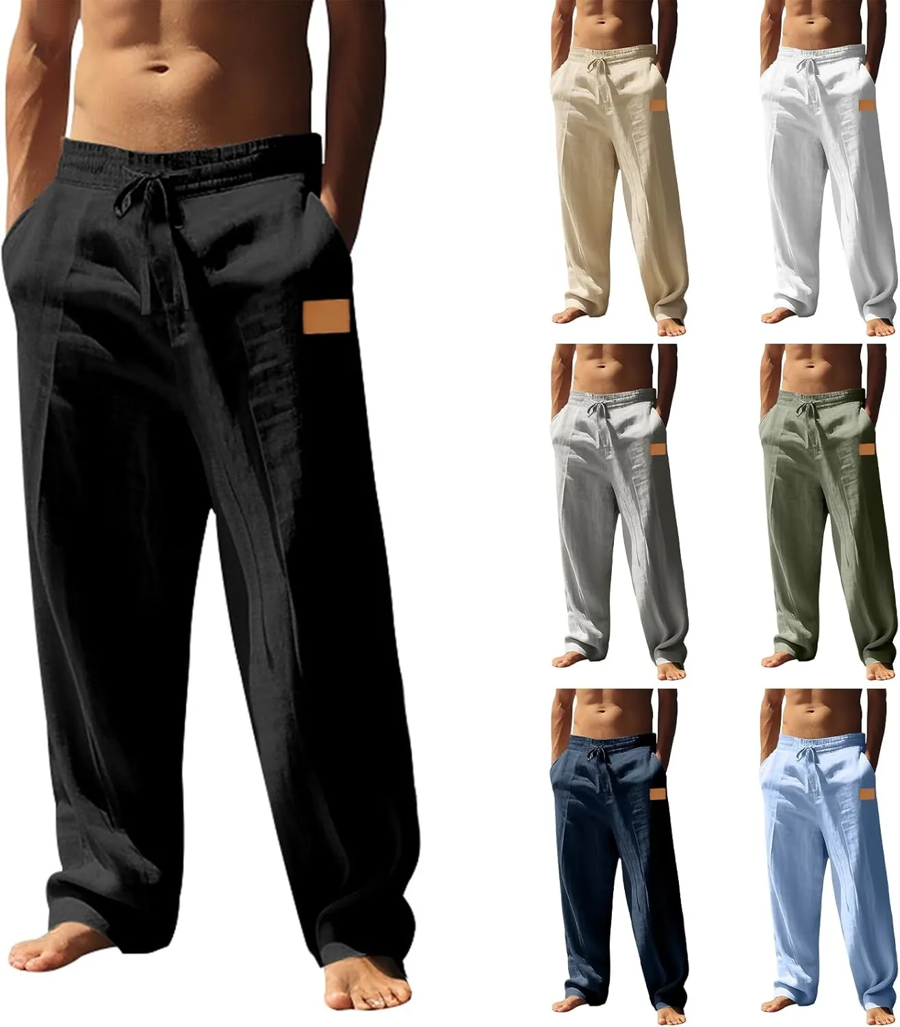 evzosrz Casual Linen Pants for Men, Loose Fit Elastic Waist Drawstring Summer Yoga Beach Breathable Trousers with Pockets
