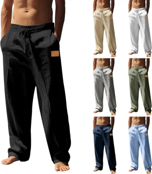 evzosrz Casual Linen Pants for Men, Loose Fit Elastic Waist Drawstring Summer Yoga Beach Breathable Trousers with Pockets