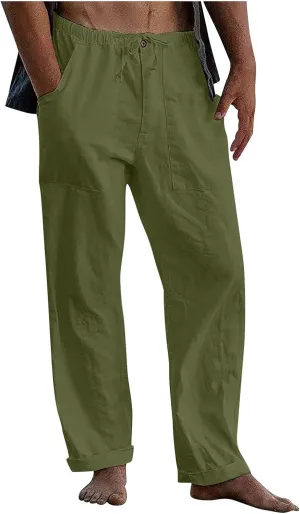 evzosrz Mens Linen Pants Casual Loose Fit Yoga Beach Elastic Waist Drawstring Baggy 2024 Trousers Solid Slacks with Pockets