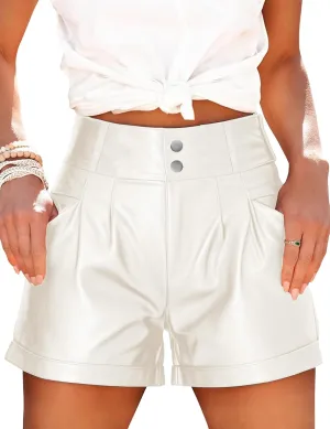Fallorchid Women's Faux Leather High Waist Shorts Pleated Wide Leg Pants Shorts with Pockets