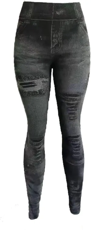 Faux Denim Leggings for Women Fashion High Waisted Yoga Pants Distressed Ripped Jeggings Tights Stretch Denim Jeans