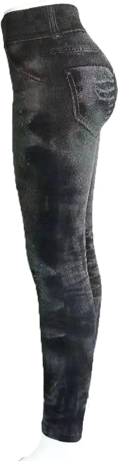 Faux Denim Leggings for Women Fashion High Waisted Yoga Pants Distressed Ripped Jeggings Tights Stretch Denim Jeans