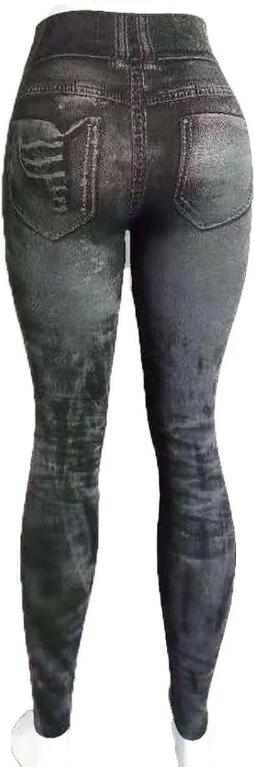 Faux Denim Leggings for Women Fashion High Waisted Yoga Pants Distressed Ripped Jeggings Tights Stretch Denim Jeans