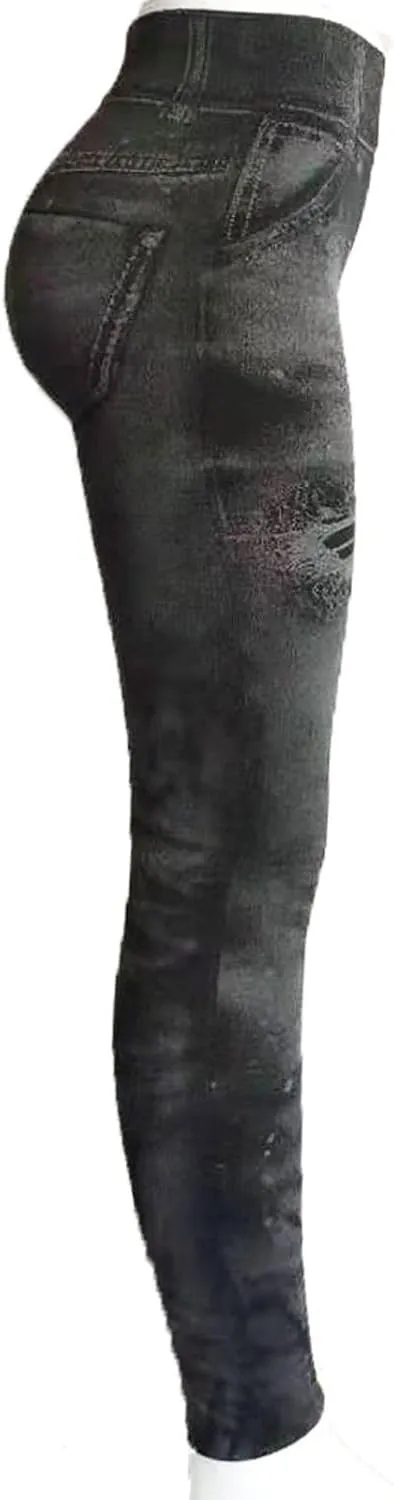 Faux Denim Leggings for Women Fashion High Waisted Yoga Pants Distressed Ripped Jeggings Tights Stretch Denim Jeans
