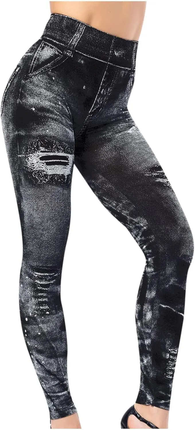Faux Denim Leggings for Women Fashion High Waisted Yoga Pants Distressed Ripped Jeggings Tights Stretch Denim Jeans