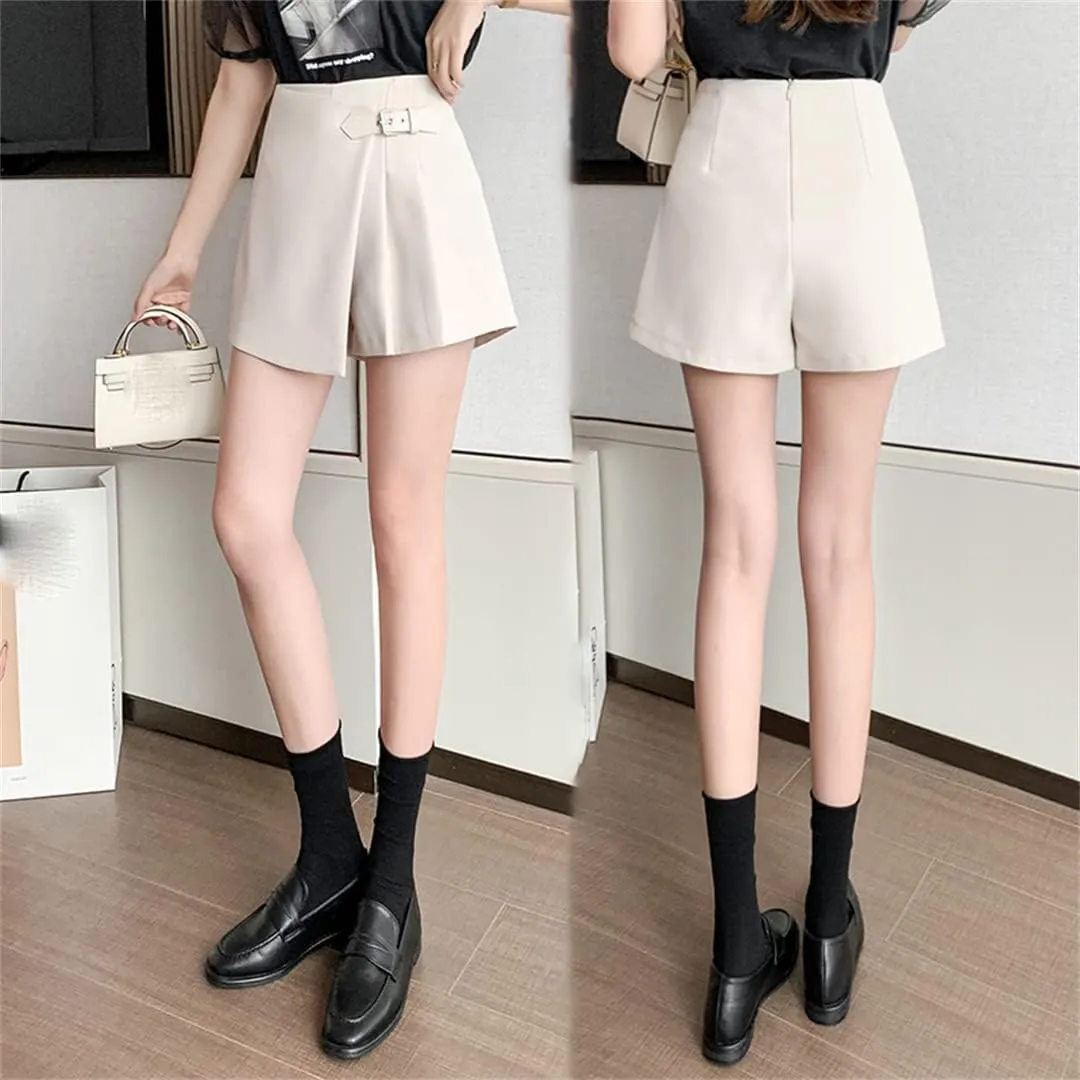 Female High Waist Wide Leg Pleated Mini Skirts Shorts Summer Work Office Asymmetry Suit Shorts