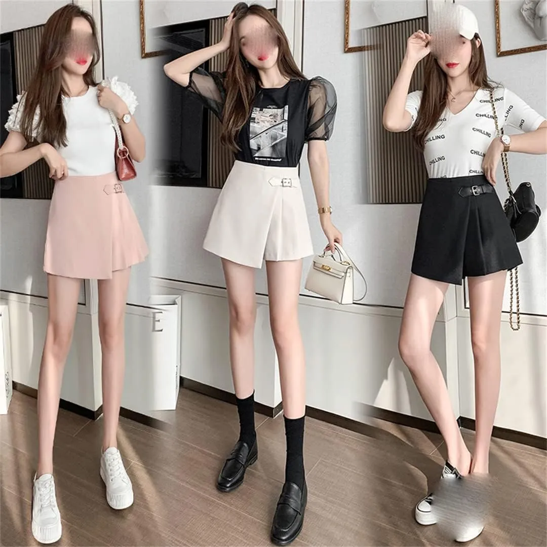 Female High Waist Wide Leg Pleated Mini Skirts Shorts Summer Work Office Asymmetry Suit Shorts