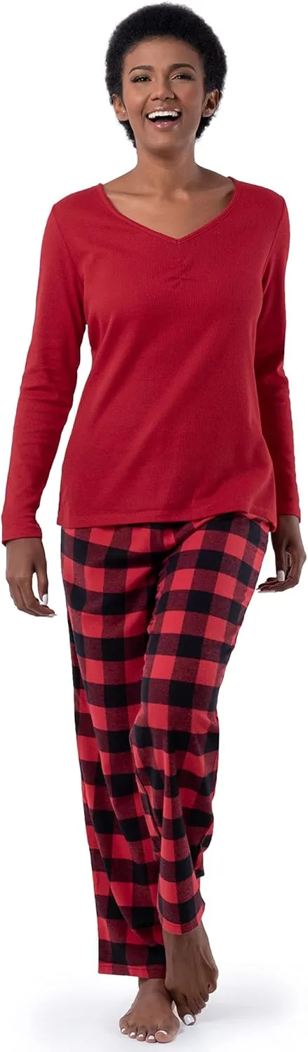 Fruit of the Loom Women's Waffle V-neck Top and Flannel Pant Sleep Set