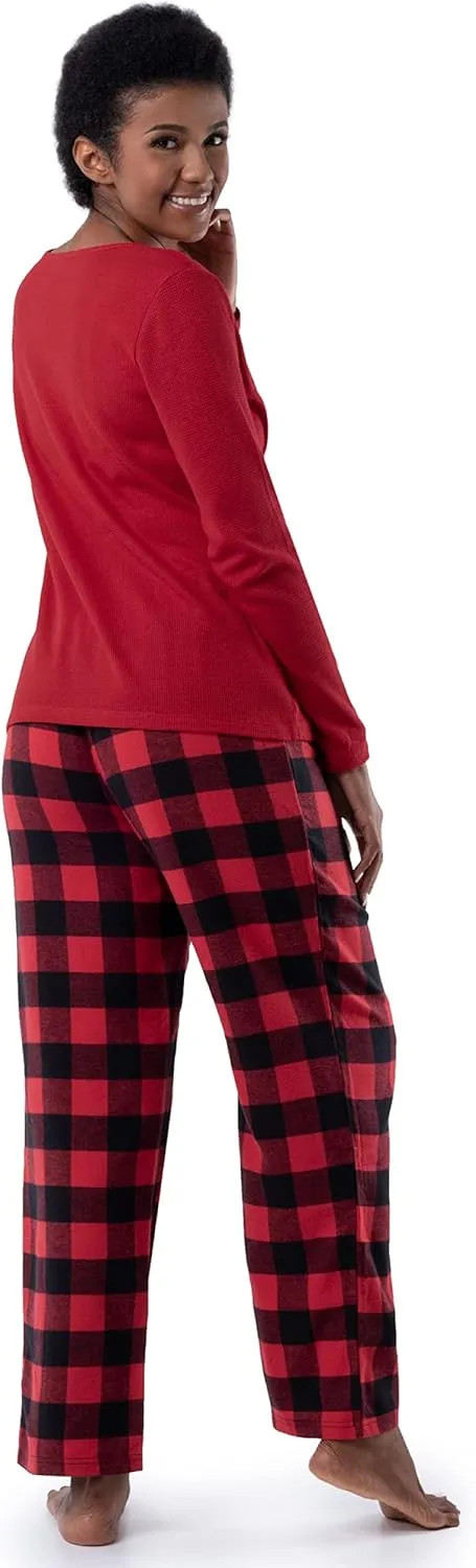 Fruit of the Loom Women's Waffle V-neck Top and Flannel Pant Sleep Set