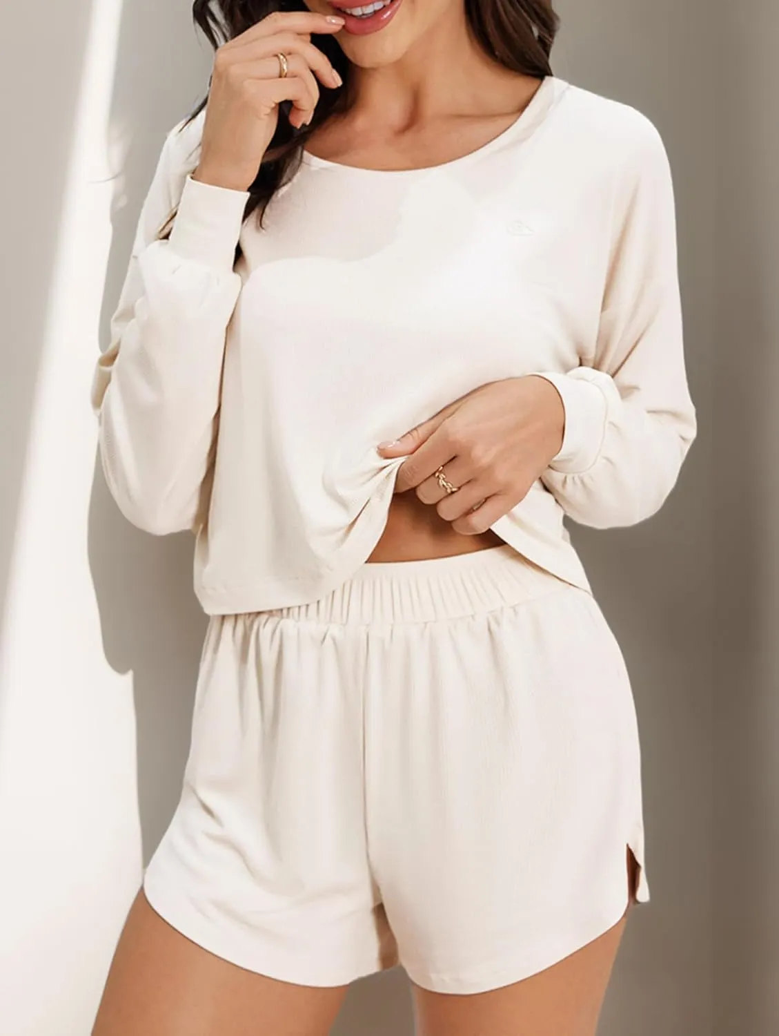 ft FENTENG Women's Ribbed Knit Pajama Set - Soft & Breathable 2-Piece Sleepwear, Long Sleeve Top & Shorts, Cozy Loungewear