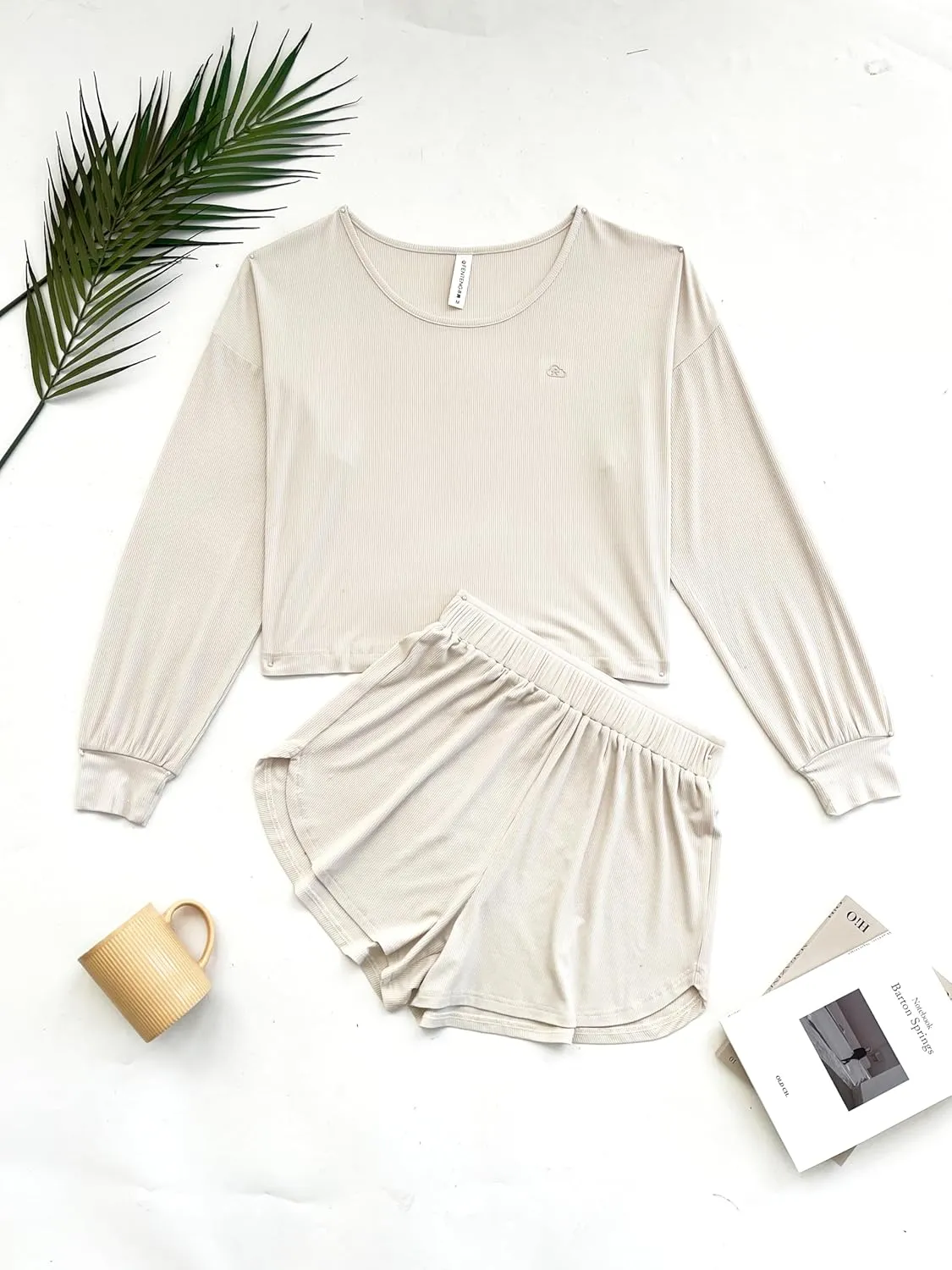 ft FENTENG Women's Ribbed Knit Pajama Set - Soft & Breathable 2-Piece Sleepwear, Long Sleeve Top & Shorts, Cozy Loungewear