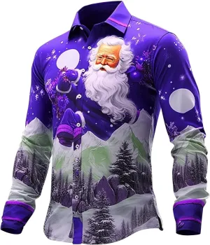 Funny Christmas Shirts for Men 2024 Long Sleeve Fun Printed Hawaiian Santa Shirt Santa Printed Vintage Tops