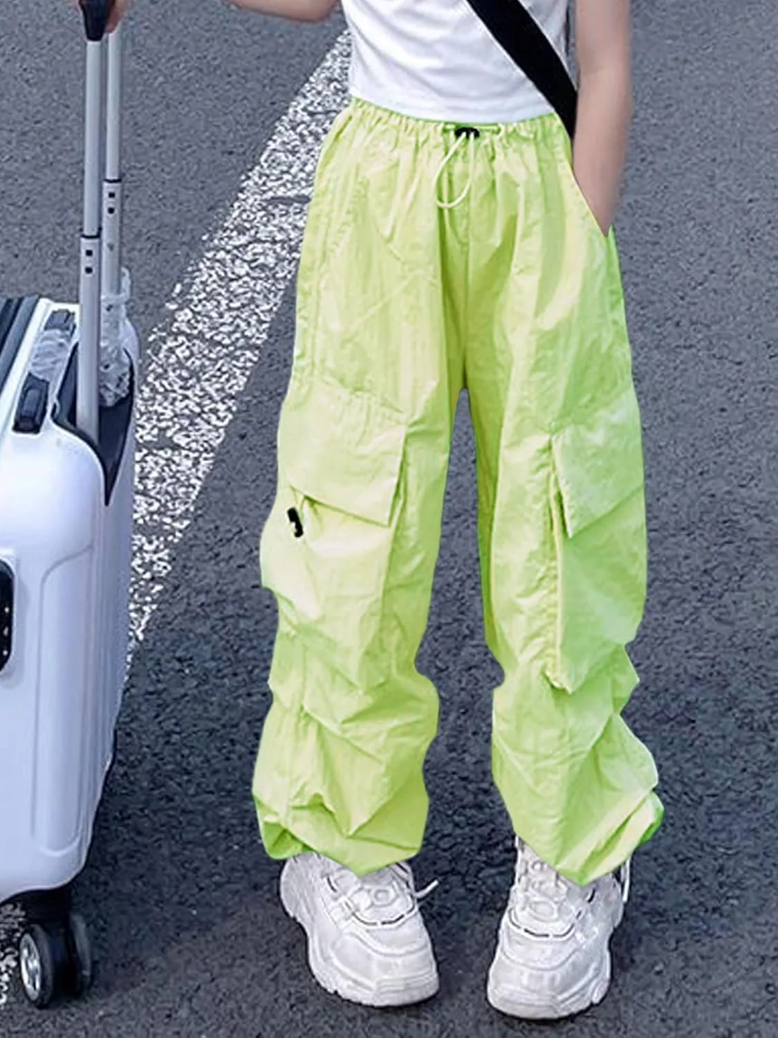 Girls Cargo Pants Elastic Waist Drawstring with Pockets Pants, 6-14 Years