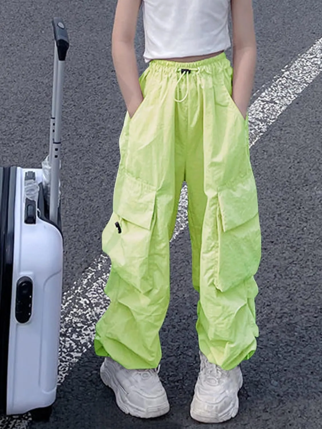 Girls Cargo Pants Elastic Waist Drawstring with Pockets Pants, 6-14 Years