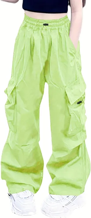 Girls Cargo Pants Elastic Waist Drawstring with Pockets Pants, 6-14 Years