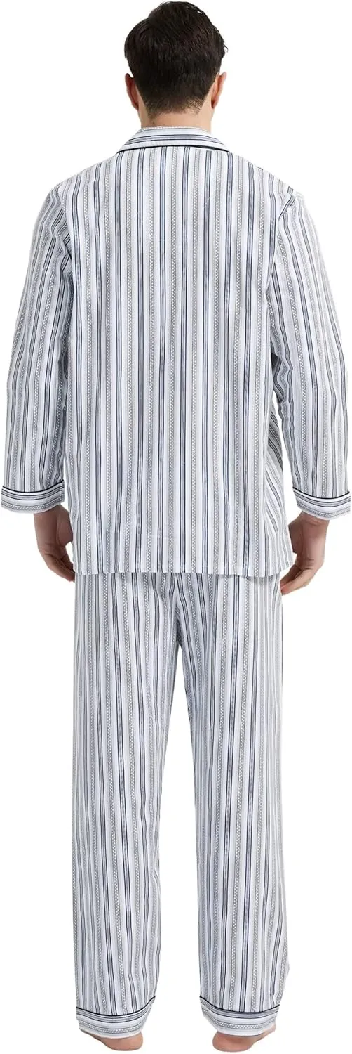 GLOBAL Mens Pajamas Set, 100% Cotton Woven Drawstring Sleepwear Set with Top and Pants/Bottoms