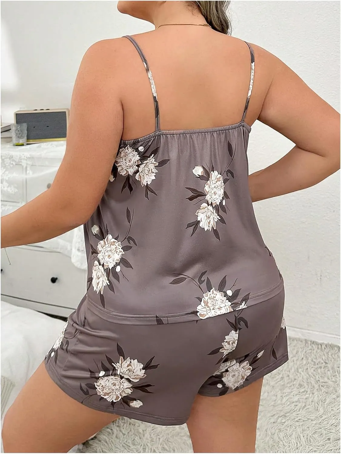 GORGLITTER Women's Plus Size 2 Piece Pajama Set Cute Printed Sleeveless Cami Top Lettuce Trim Shorts Loungewear