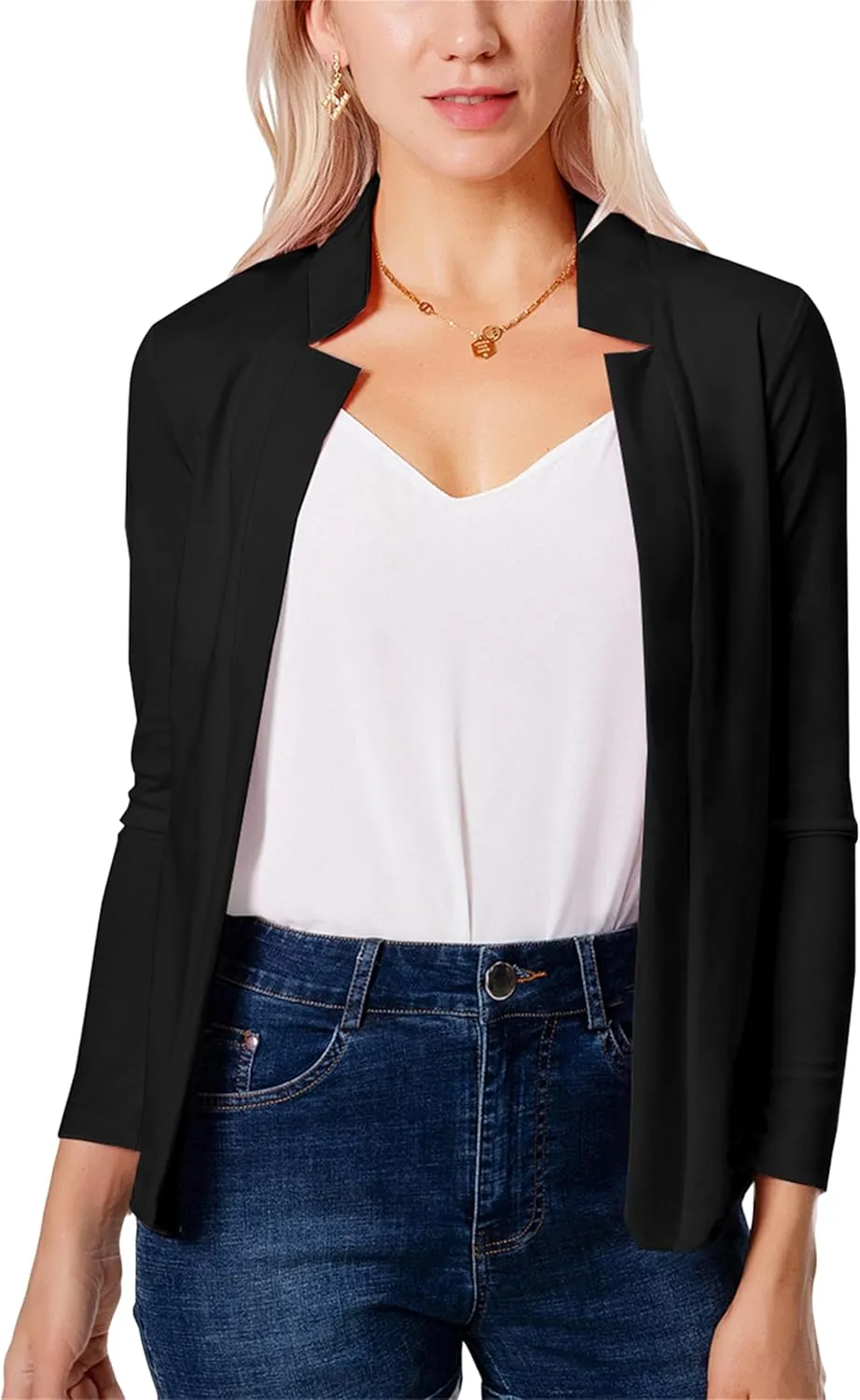 GORIFE Lady's Long Sleeve Open Front Solid Color Jacket Simple Lapel Suits Career Office Cardigans