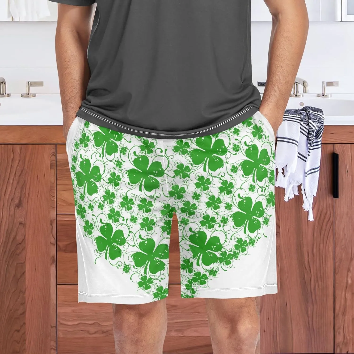 Green Clover Shamrock Heart Shape Pattern St. Patrick'S Day Men's Pajama Pants Shorts Sleepwear Lounge Pajama Bottoms