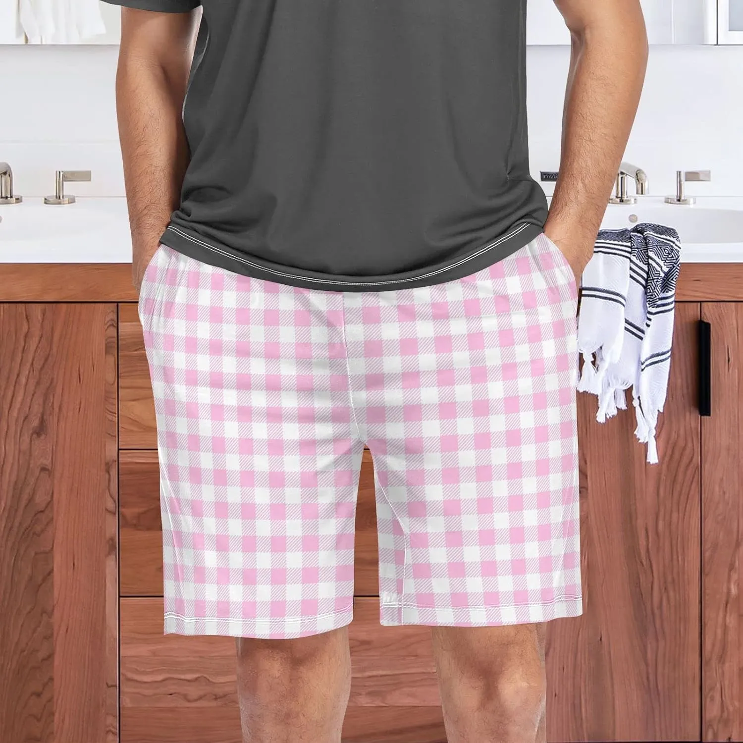 Grey Checkered Gingham Plaid Tartan Geometric Check Men's Pajama Pants Shorts Sleepwear Lounge Pajama Bottoms
