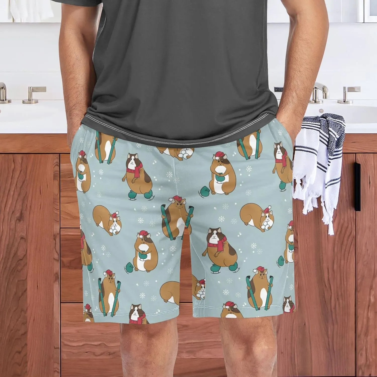 Guinea Pig Christmas Cavy Hamster Snowflake Pattern Men's Pajama Pants Shorts Sleepwear Lounge Pajama Bottoms
