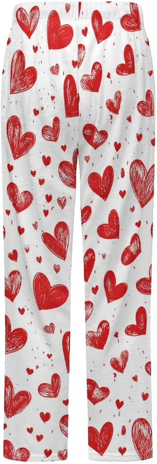 Heart Print Women's Pajama Pants Fleece Warm Pj Bottoms Sleepwear Lounge Pants Loungewear