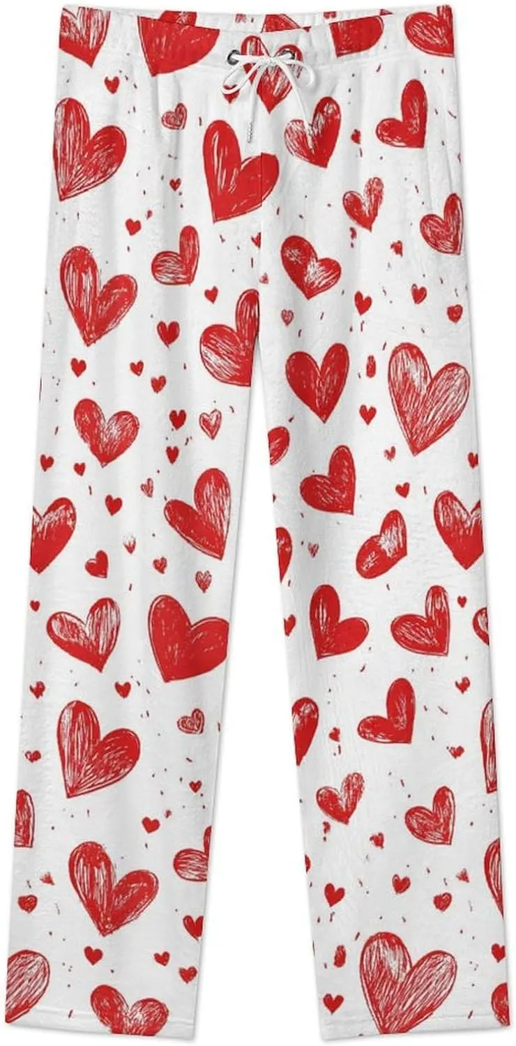 Heart Print Women's Pajama Pants Fleece Warm Pj Bottoms Sleepwear Lounge Pants Loungewear