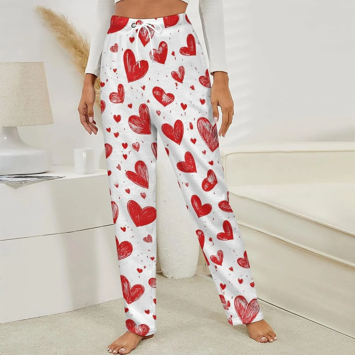 Heart Print Women's Pajama Pants Fleece Warm Pj Bottoms Sleepwear Lounge Pants Loungewear