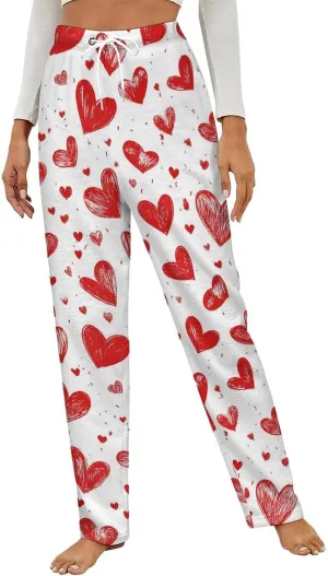 Heart Print Women's Pajama Pants Fleece Warm Pj Bottoms Sleepwear Lounge Pants Loungewear