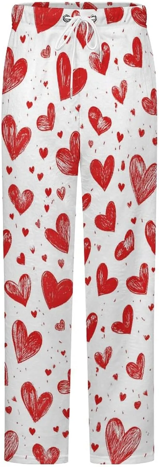 Heart Print Women's Pajama Pants Fleece Warm Pj Bottoms Sleepwear Lounge Pants Loungewear