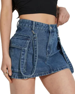 High Waisted Cargo Denim Skort for Woman Y2K Mini Jean Skirt for Women Denim Faldas De Mezclilla para Mujer