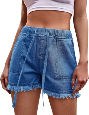 High Waisted Jean Shorts Womens 2025 Summer Drawstring Denim Straight Leg Raw Hem Jeans Shorts with Pockets