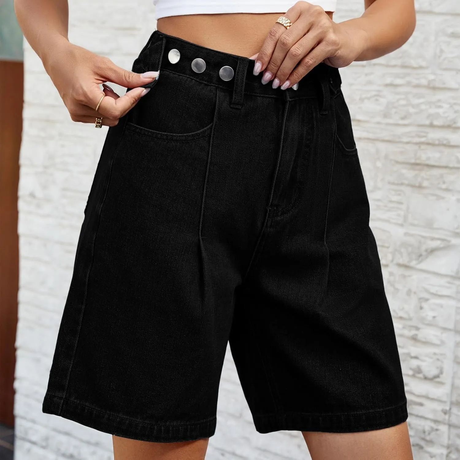 High Waisted Shorts Women Denim Black - Bermuda Mid-Rise Butt Lift Summer Long Denim 5 Inch Inseam with Multi Pockets