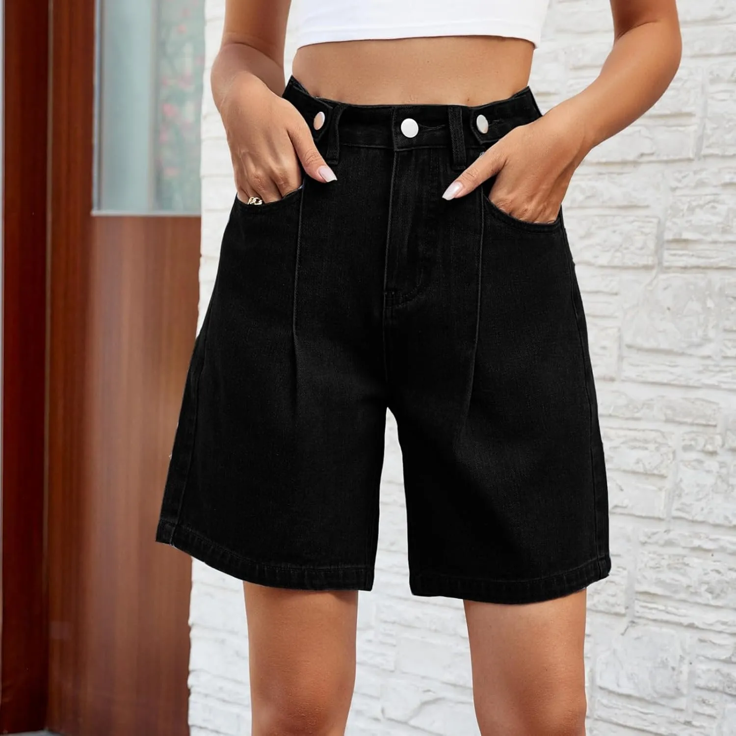 High Waisted Shorts Women Denim Black - Bermuda Mid-Rise Butt Lift Summer Long Denim 5 Inch Inseam with Multi Pockets