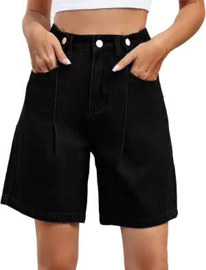 High Waisted Shorts Women Denim Black - Bermuda Mid-Rise Butt Lift Summer Long Denim 5 Inch Inseam with Multi Pockets