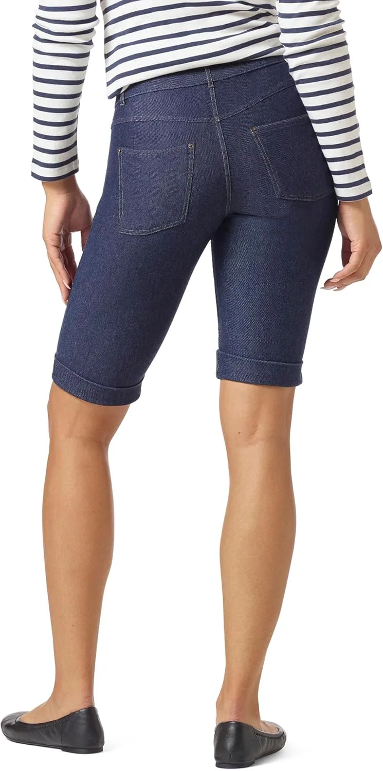 HUE Women's Essential Denim Shorts with Rolled Cuffs, Pull On Bermuda Jean Shorts