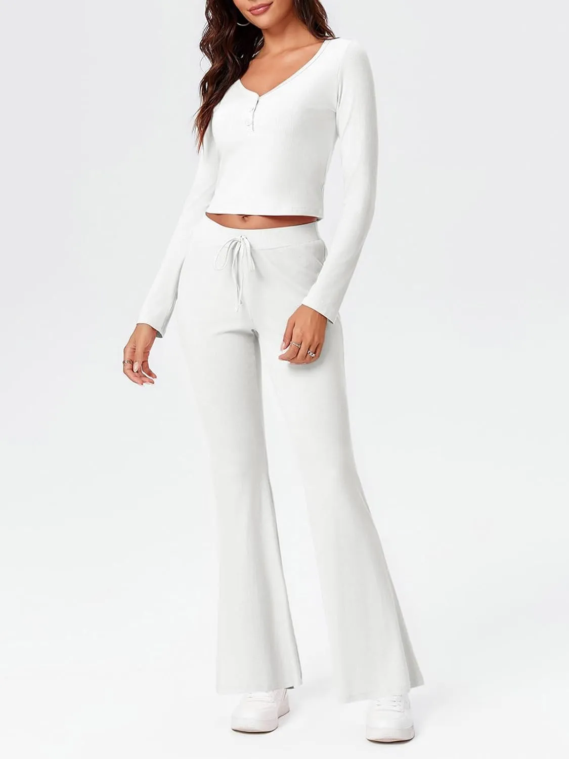 Imily Bela Women's 2 Piece Lounge Sets Henley Shirt Long Sleeve Crop Top and Pants Casual Outfits Pajamas