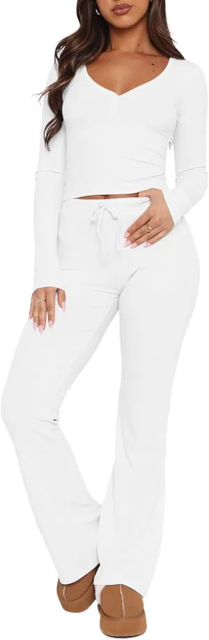Imily Bela Women's 2 Piece Lounge Sets Henley Shirt Long Sleeve Crop Top and Pants Casual Outfits Pajamas