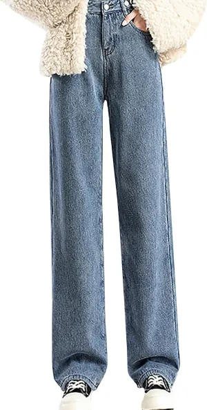 Jeans for Women Trendy High Waisted Stretchy Cuffed Wide Leg Denim Pants with Pockets