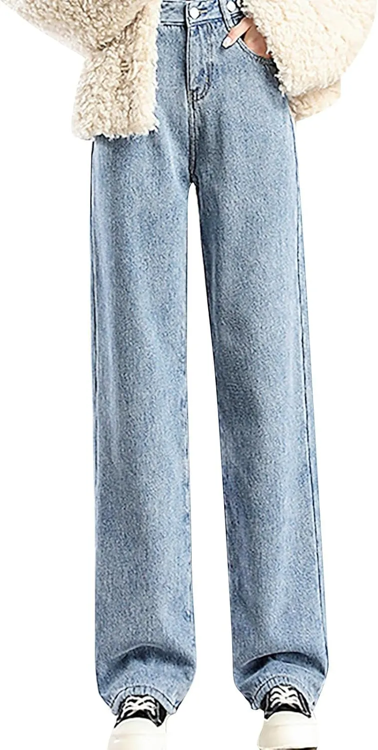 Jeans for Women Trendy High Waisted Stretchy Cuffed Wide Leg Denim Pants with Pockets