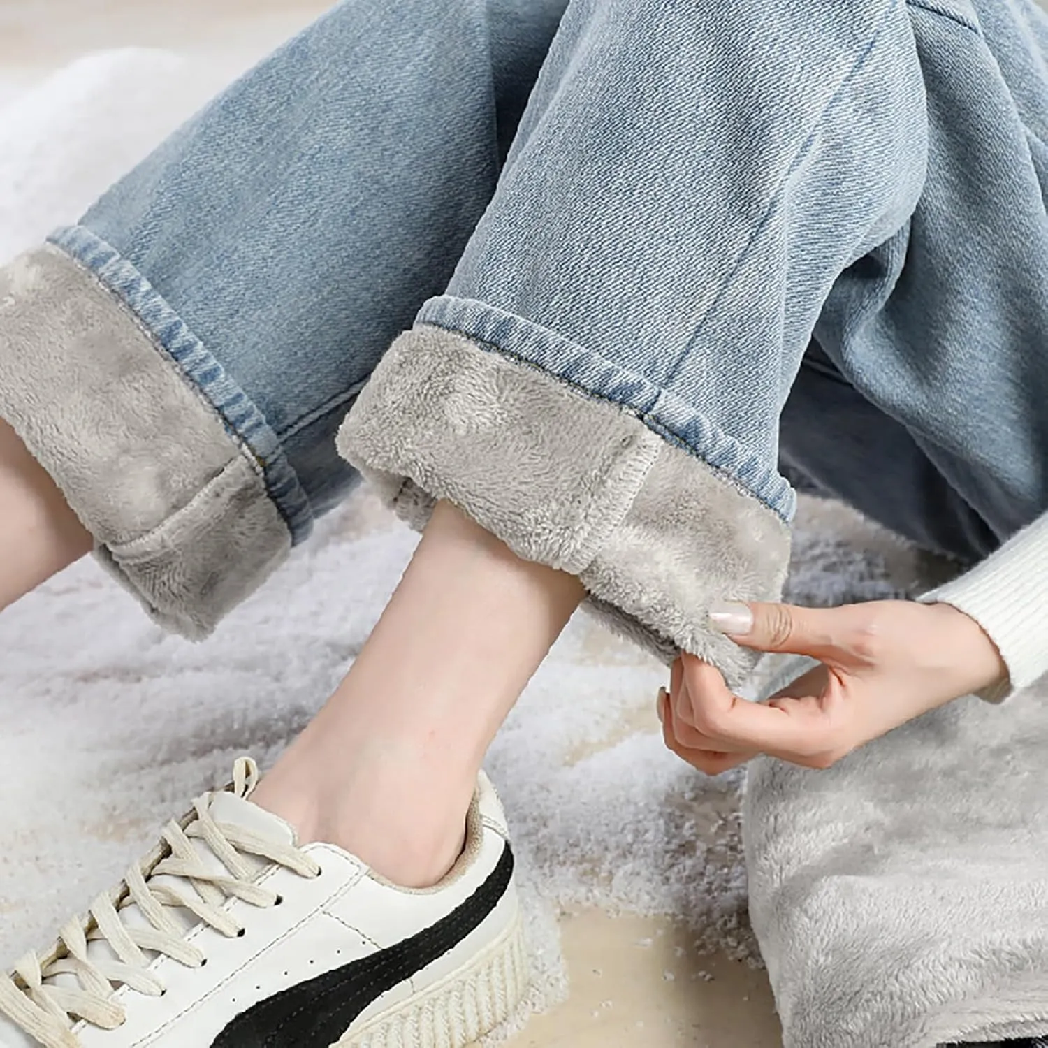 Jeans for Women Trendy High Waisted Stretchy Cuffed Wide Leg Denim Pants with Pockets