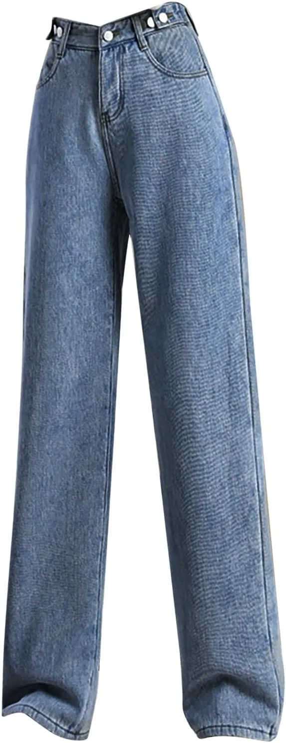 Jeans for Women Trendy High Waisted Stretchy Cuffed Wide Leg Denim Pants with Pockets