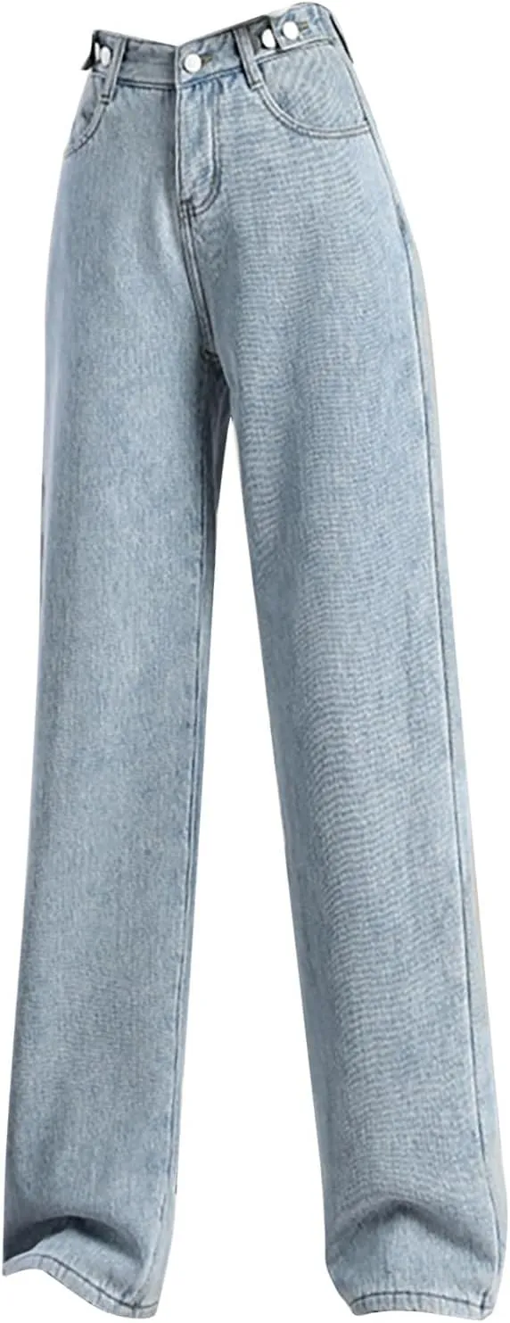 Jeans for Women Trendy High Waisted Stretchy Cuffed Wide Leg Denim Pants with Pockets