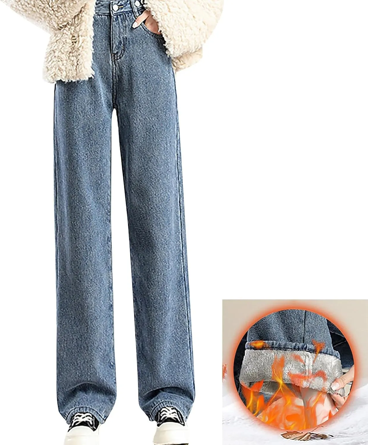 Jeans for Women Trendy High Waisted Stretchy Cuffed Wide Leg Denim Pants with Pockets