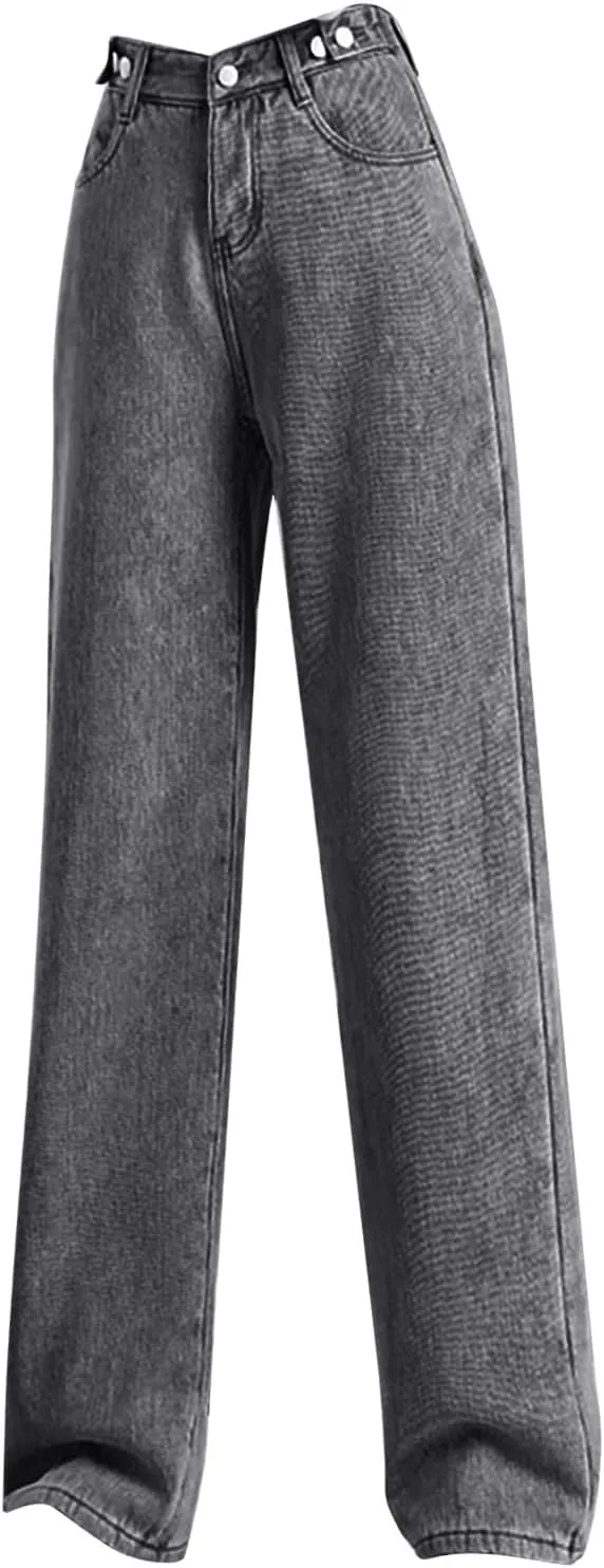 Jeans for Women Trendy High Waisted Stretchy Cuffed Wide Leg Denim Pants with Pockets