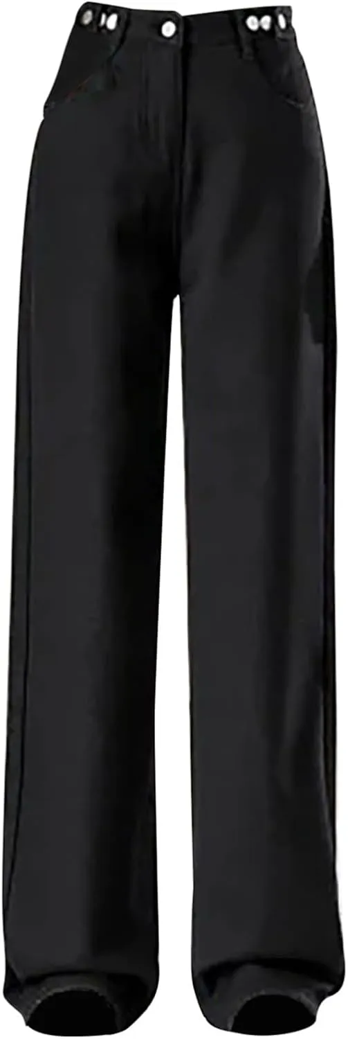 Jeans for Women Trendy High Waisted Stretchy Cuffed Wide Leg Denim Pants with Pockets