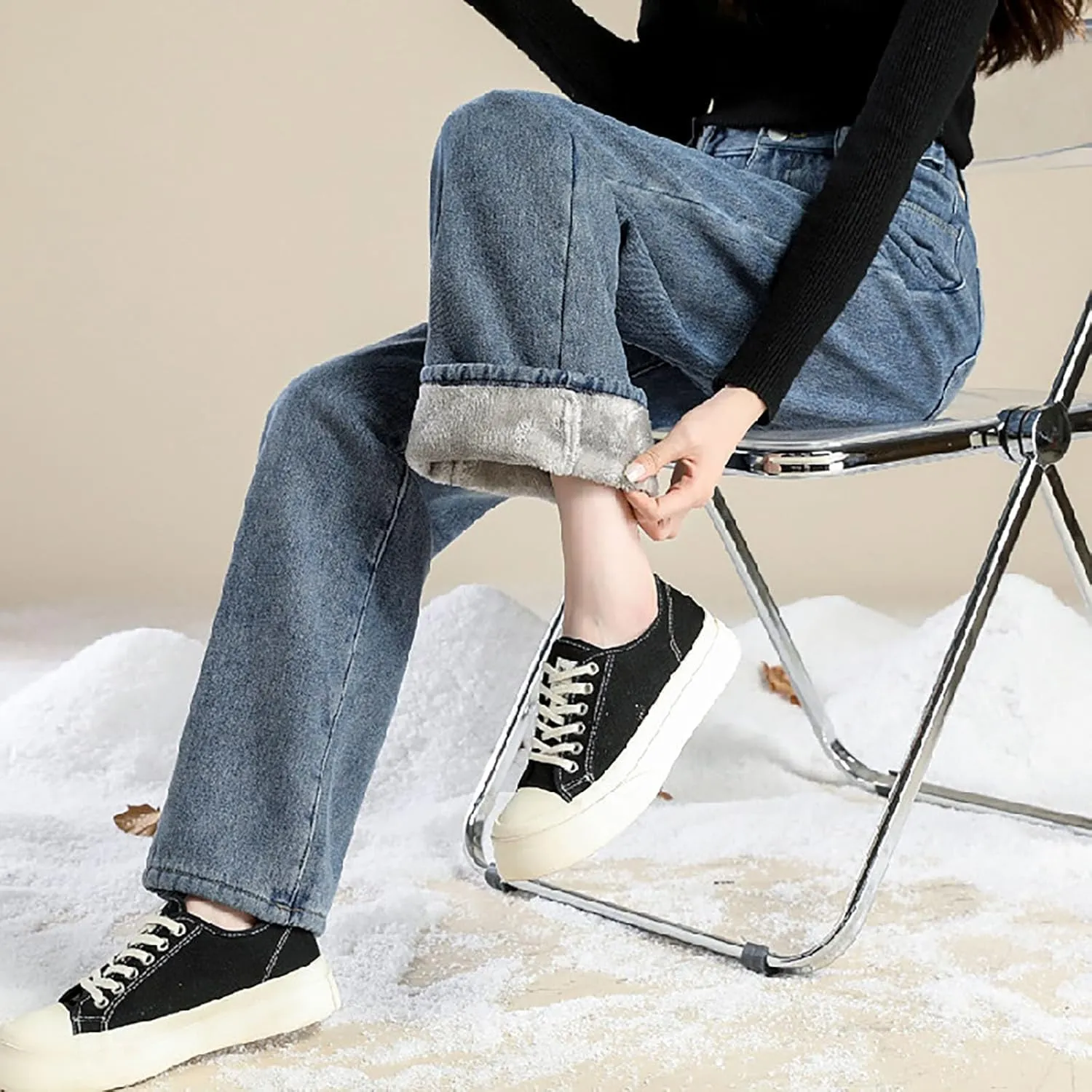 Jeans for Women Trendy High Waisted Stretchy Cuffed Wide Leg Denim Pants with Pockets